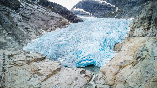Aerial view of the Nigardsbreen glacier snout in Jostedal, Norway photo