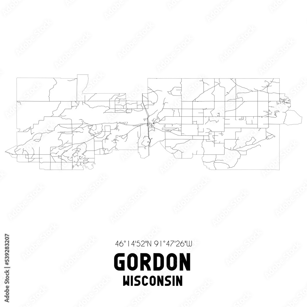 Gordon Wisconsin. US street map with black and white lines.