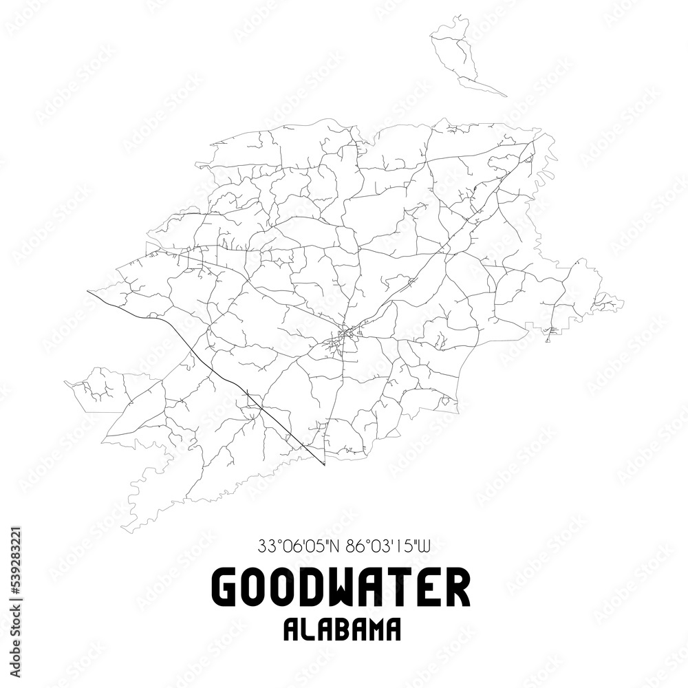 Goodwater Alabama. US street map with black and white lines.