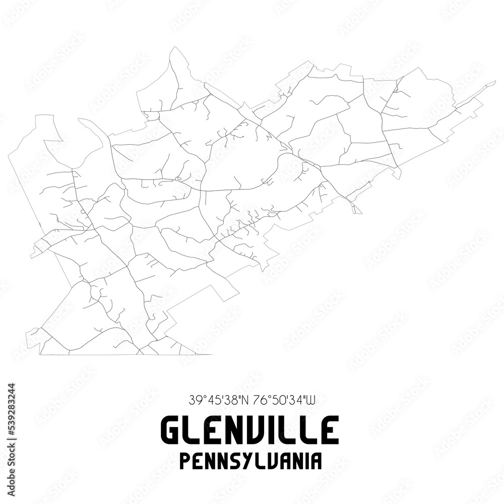 Glenville Pennsylvania. US street map with black and white lines.