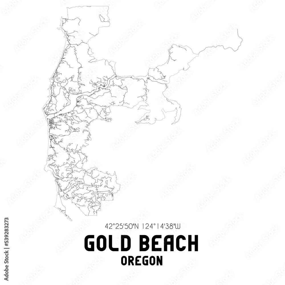 Gold Beach Oregon. US street map with black and white lines.