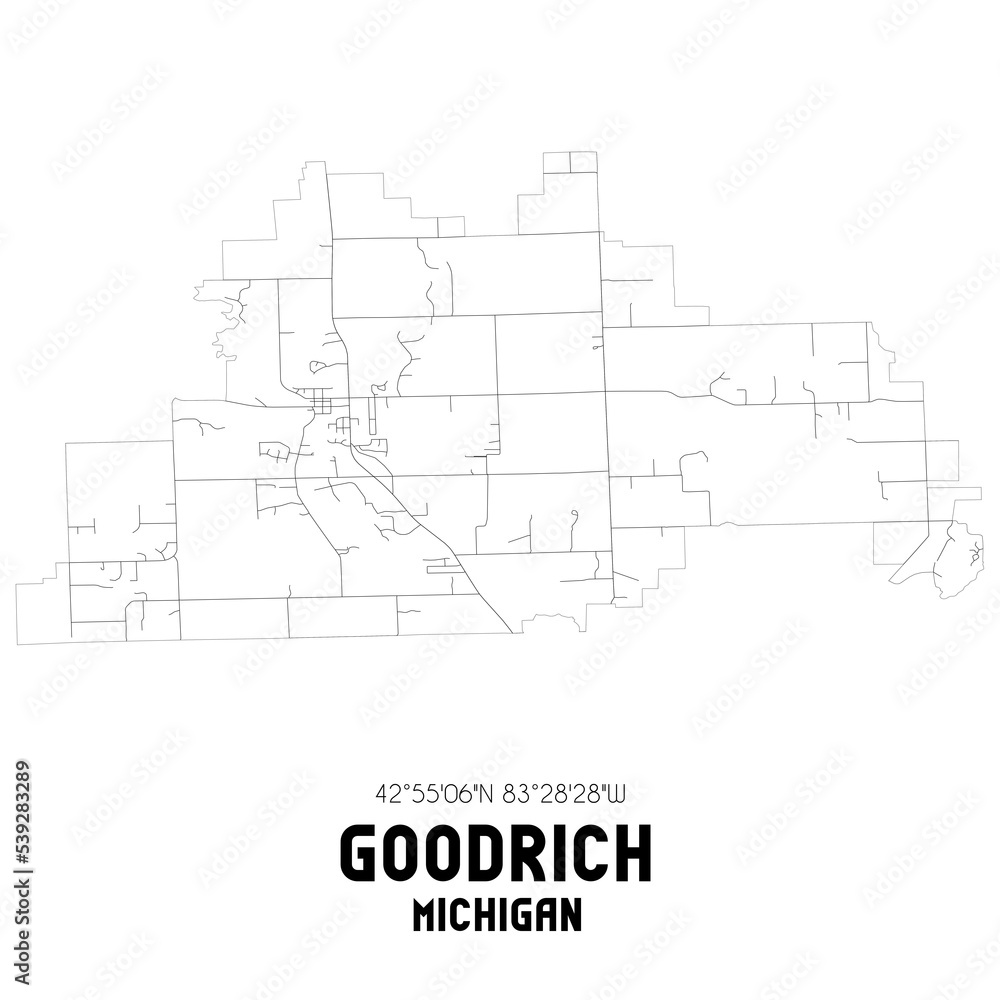 Goodrich Michigan. US street map with black and white lines.