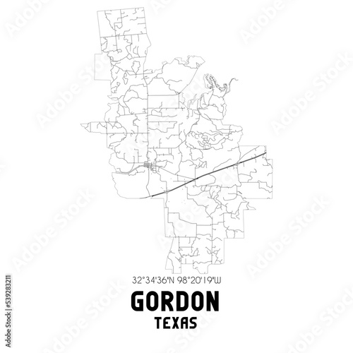 Gordon Texas. US street map with black and white lines.