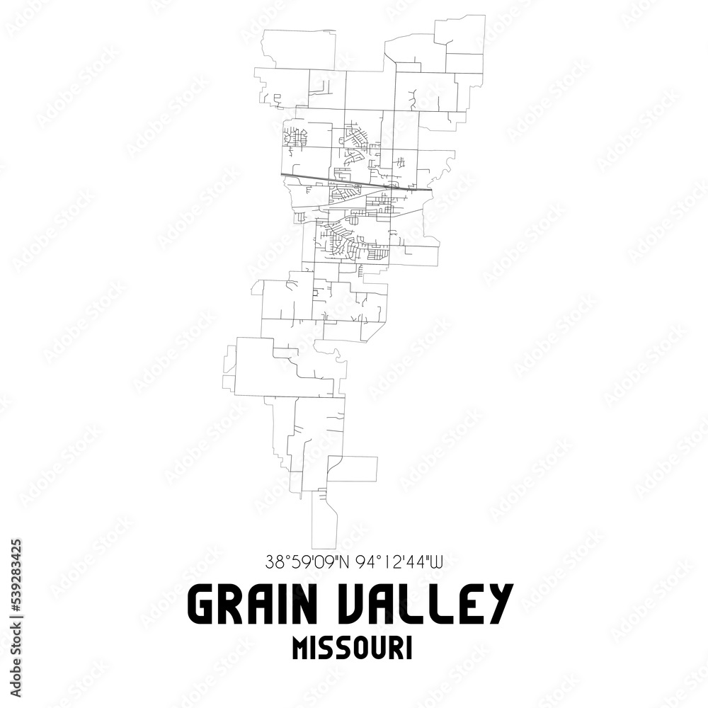 Grain Valley Missouri. US street map with black and white lines.