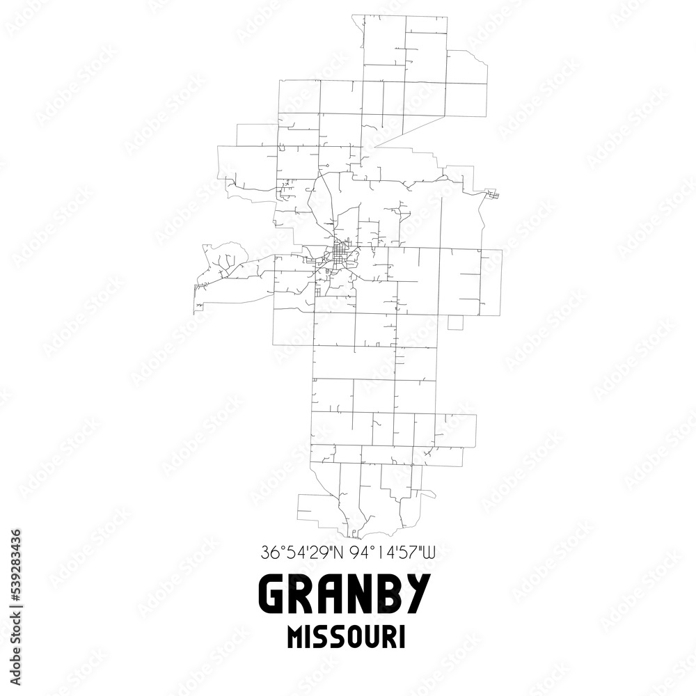 Granby Missouri. US street map with black and white lines. Stock