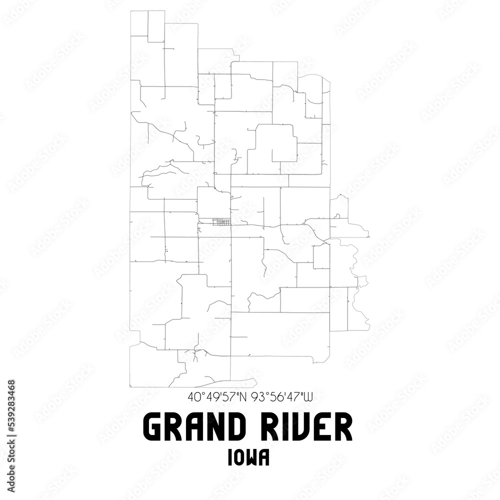 Grand River Iowa. US street map with black and white lines.