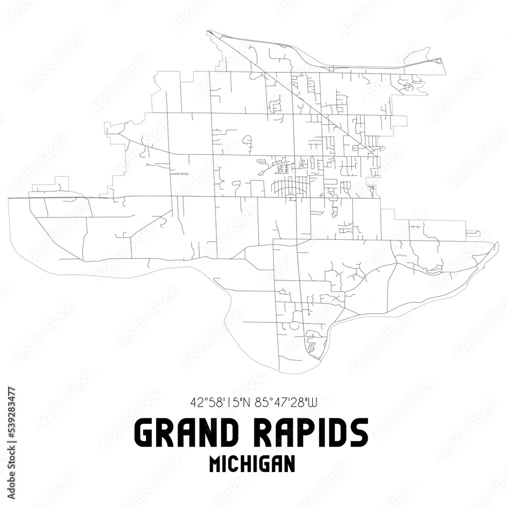 Grand Rapids Michigan. US street map with black and white lines.