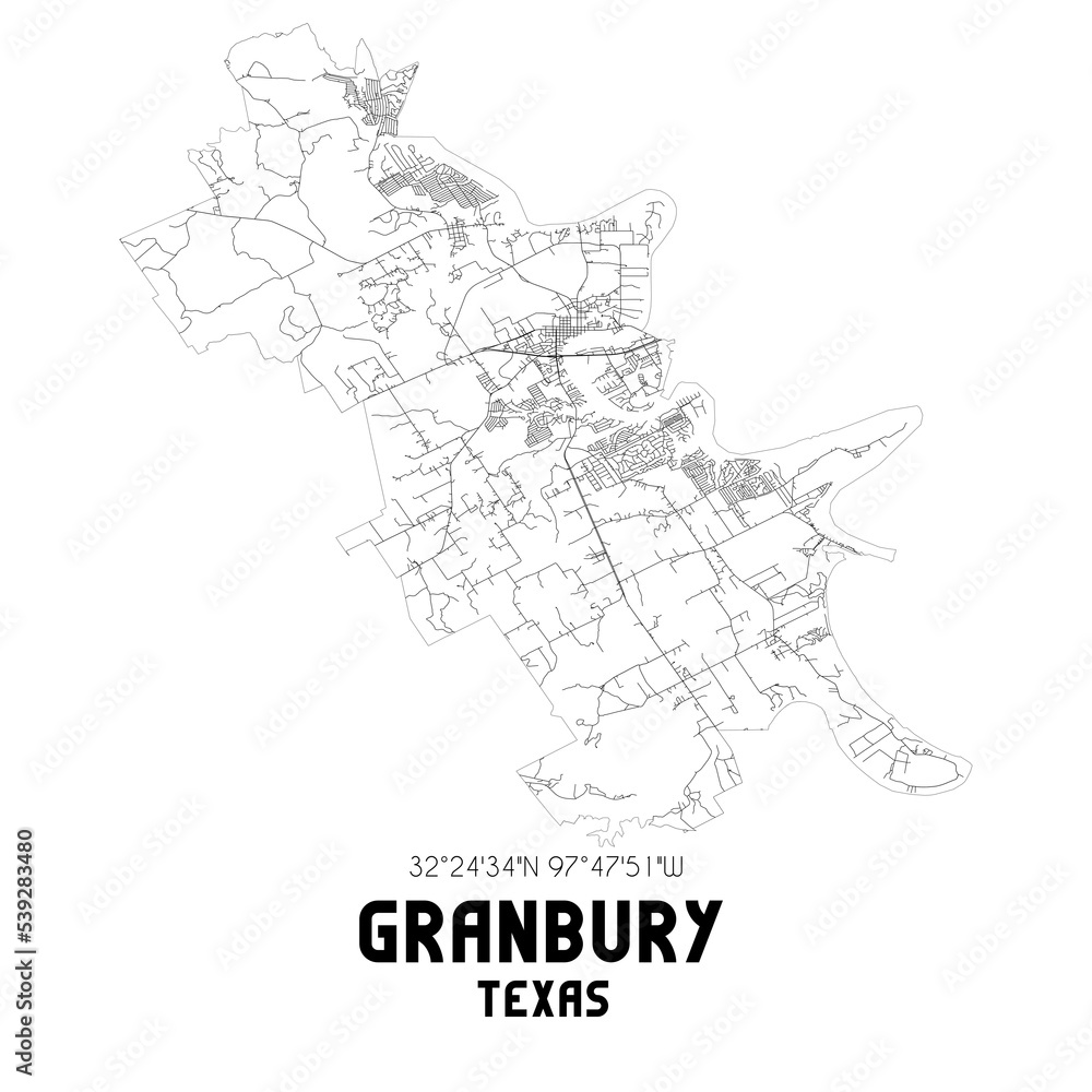 Granbury Texas. US street map with black and white lines.