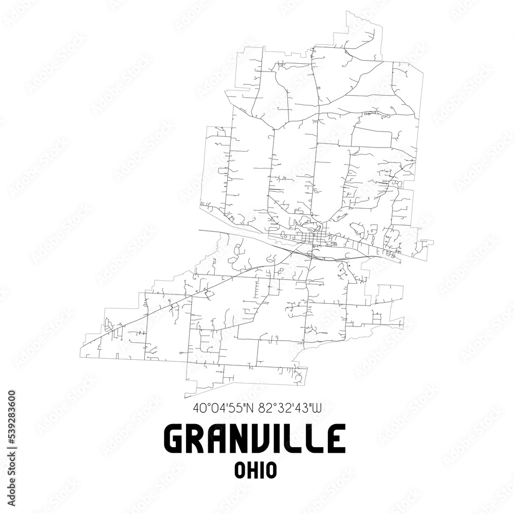 Granville Ohio. US street map with black and white lines.
