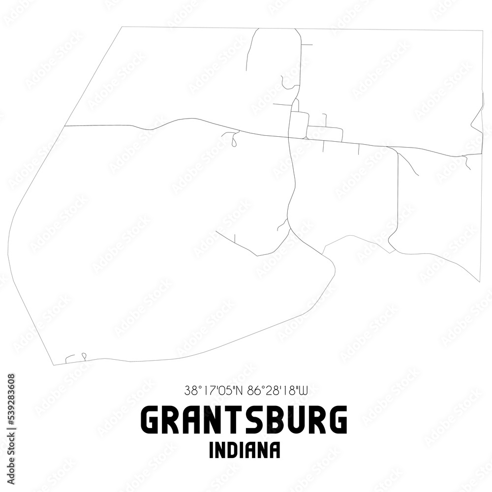 Grantsburg Indiana. US street map with black and white lines.