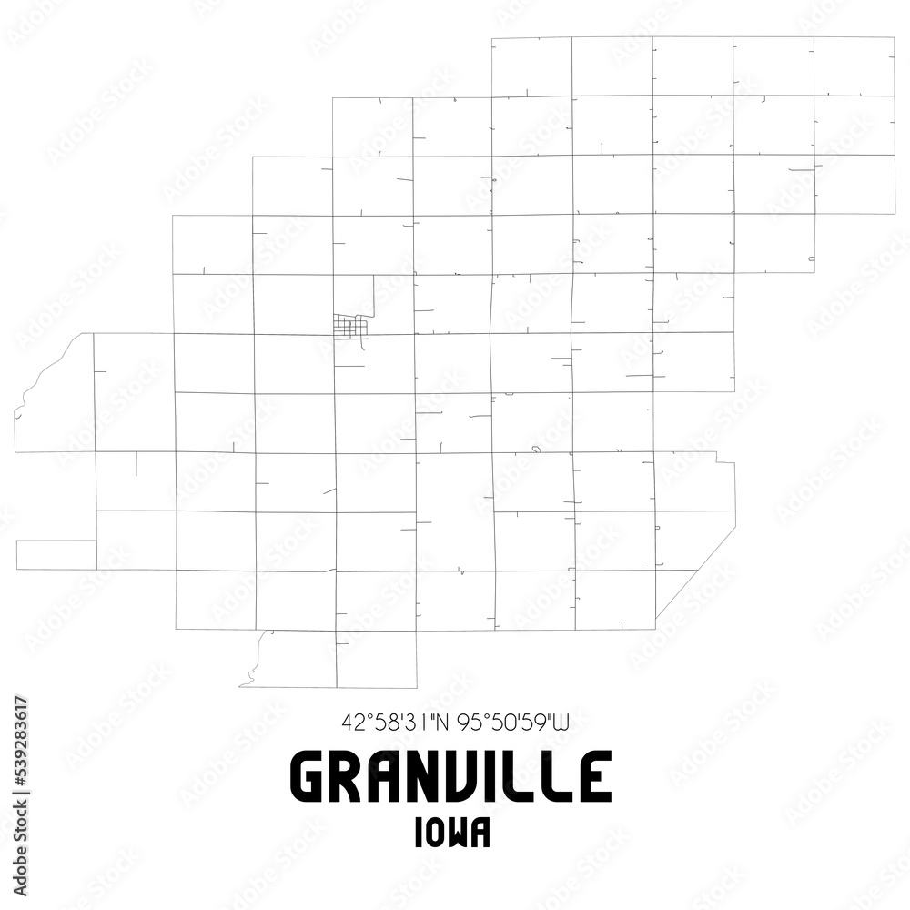 Granville Iowa. US street map with black and white lines.