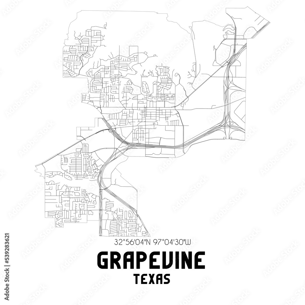 Grapevine Texas. US street map with black and white lines.
