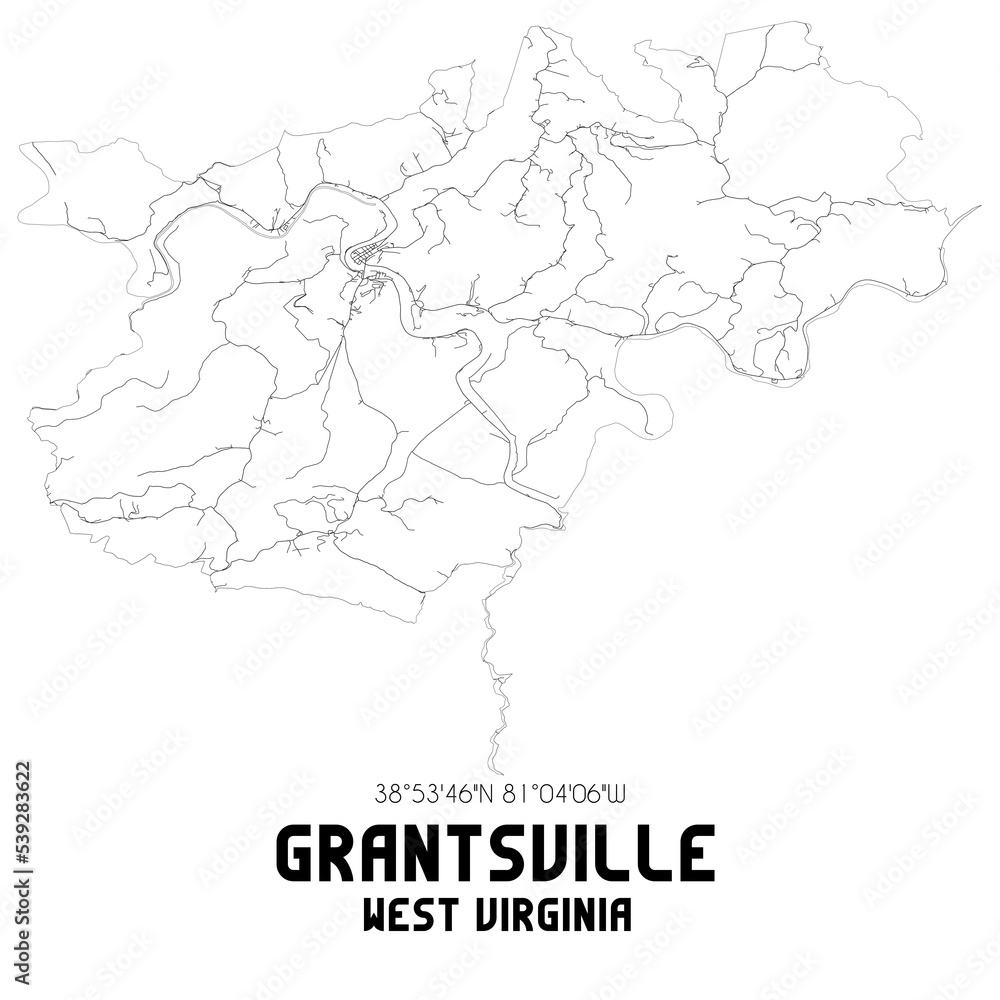 Grantsville West Virginia. US street map with black and white lines.