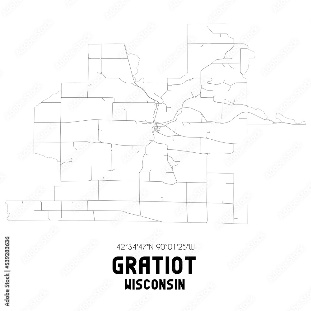 Gratiot Wisconsin. US street map with black and white lines.