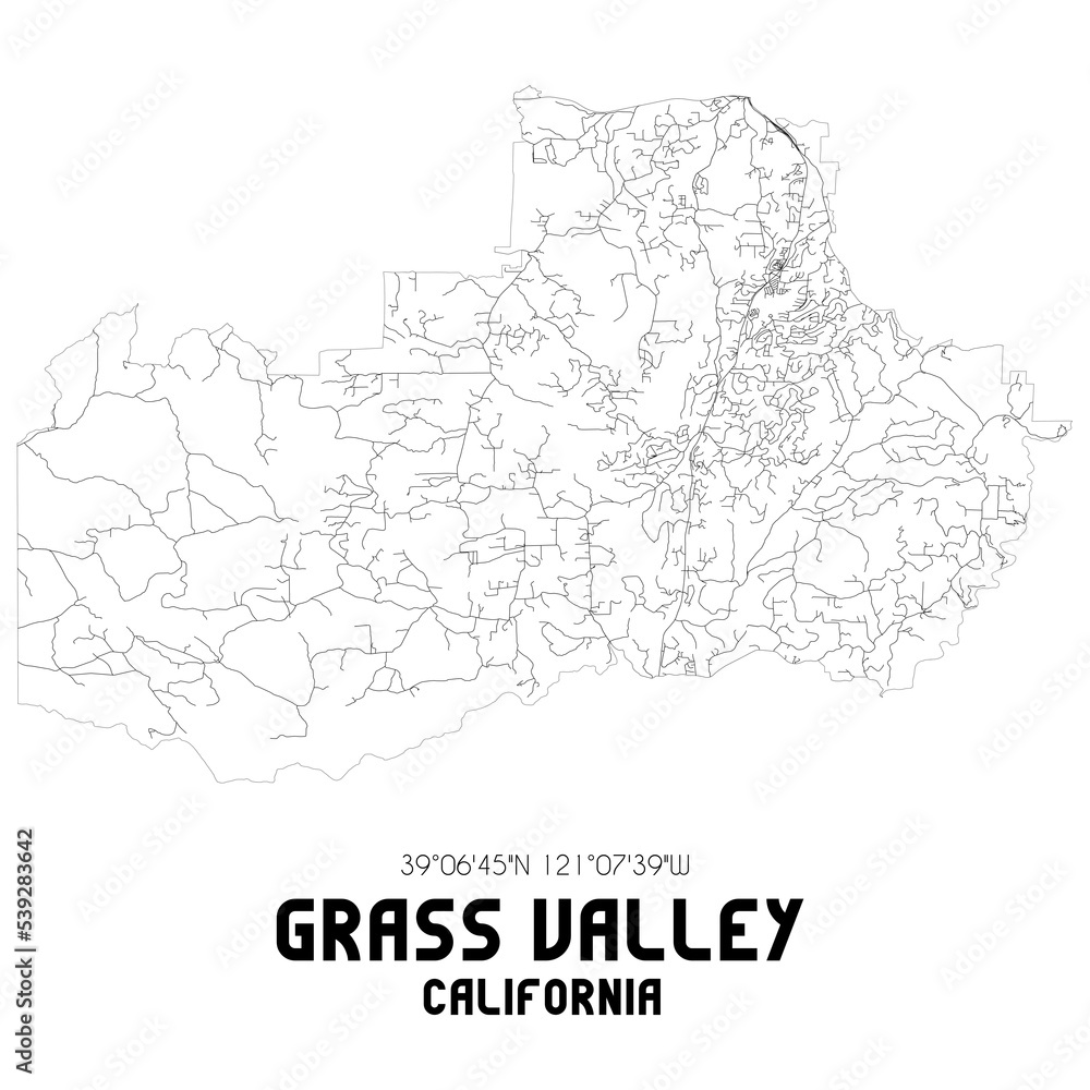 Grass Valley California. US street map with black and white lines.