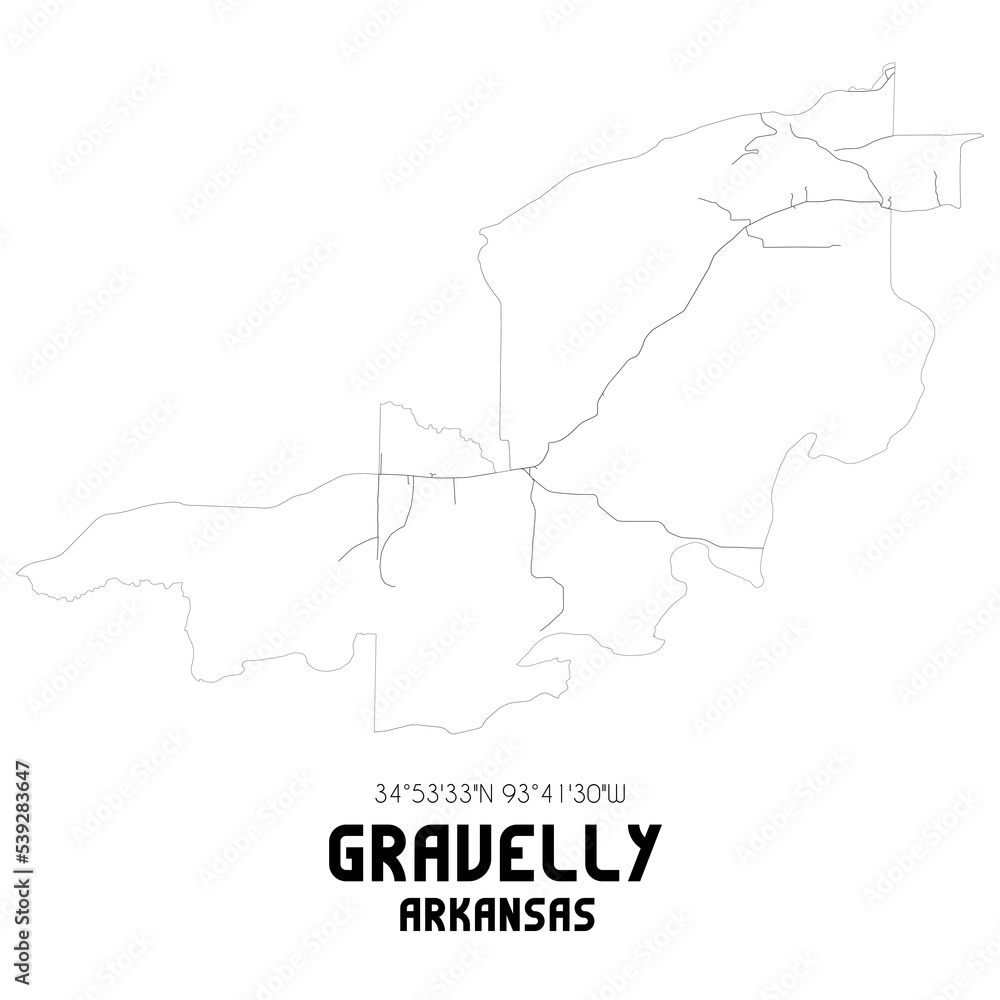 Gravelly Arkansas. US street map with black and white lines.