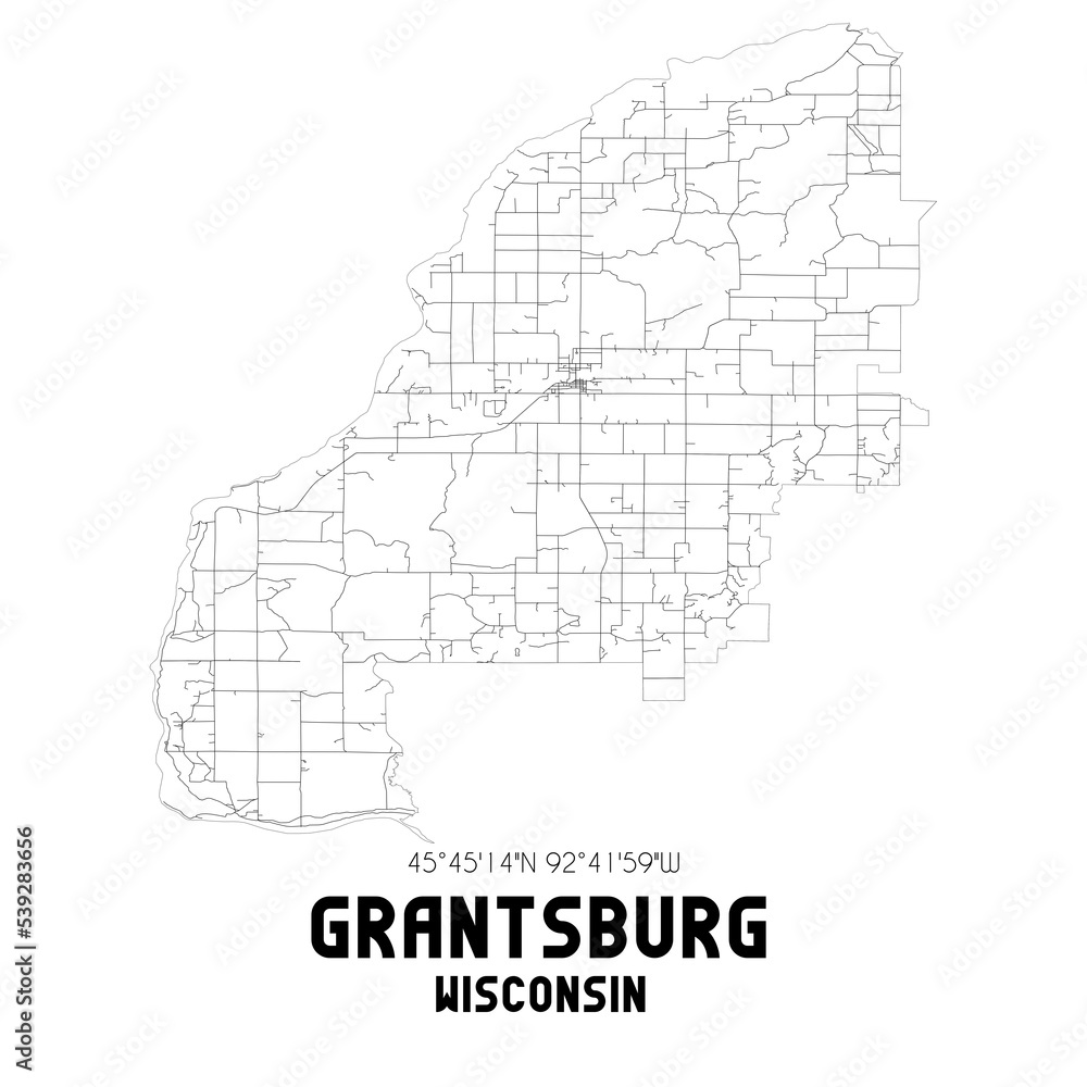 Grantsburg Wisconsin. US street map with black and white lines.