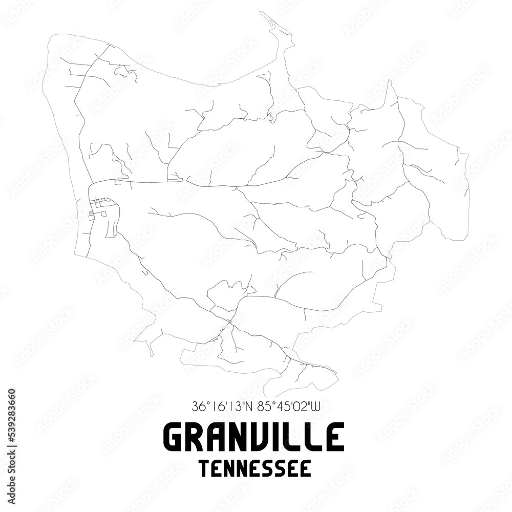 Granville Tennessee. US street map with black and white lines.