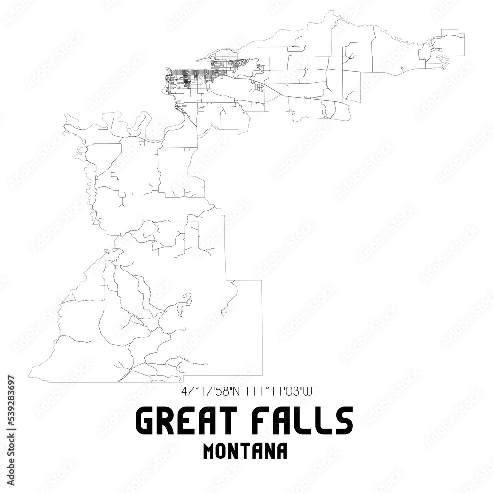 Great Falls Montana. US street map with black and white lines.