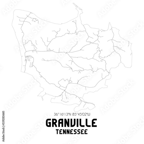 Granville Tennessee. US street map with black and white lines.