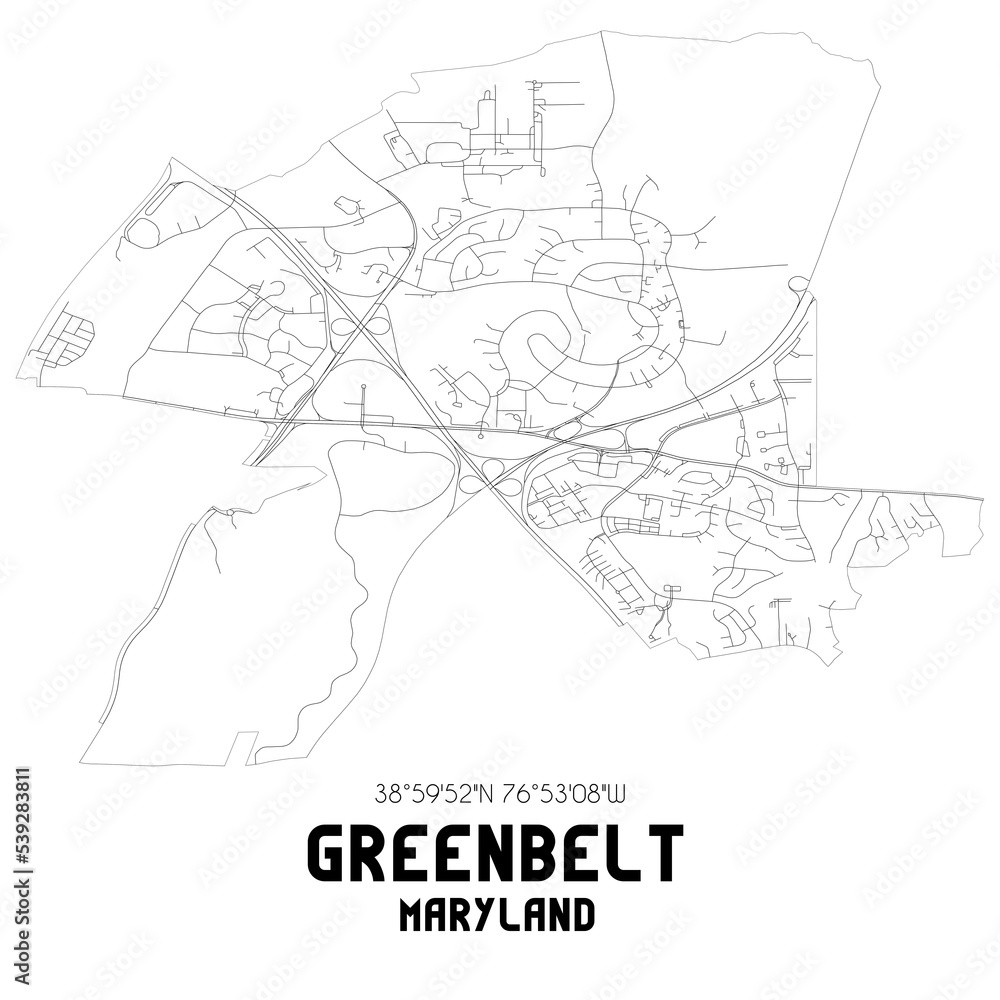 Greenbelt Maryland. US street map with black and white lines.