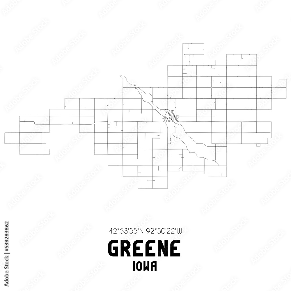 Greene Iowa. US street map with black and white lines.