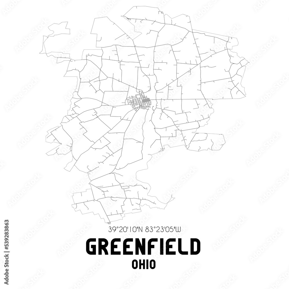 Greenfield Ohio. US street map with black and white lines.