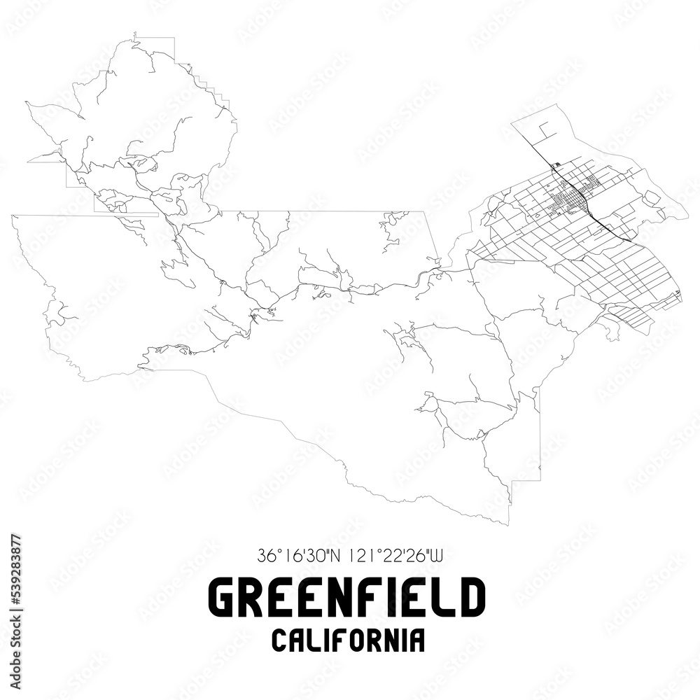 Greenfield California. US street map with black and white lines.