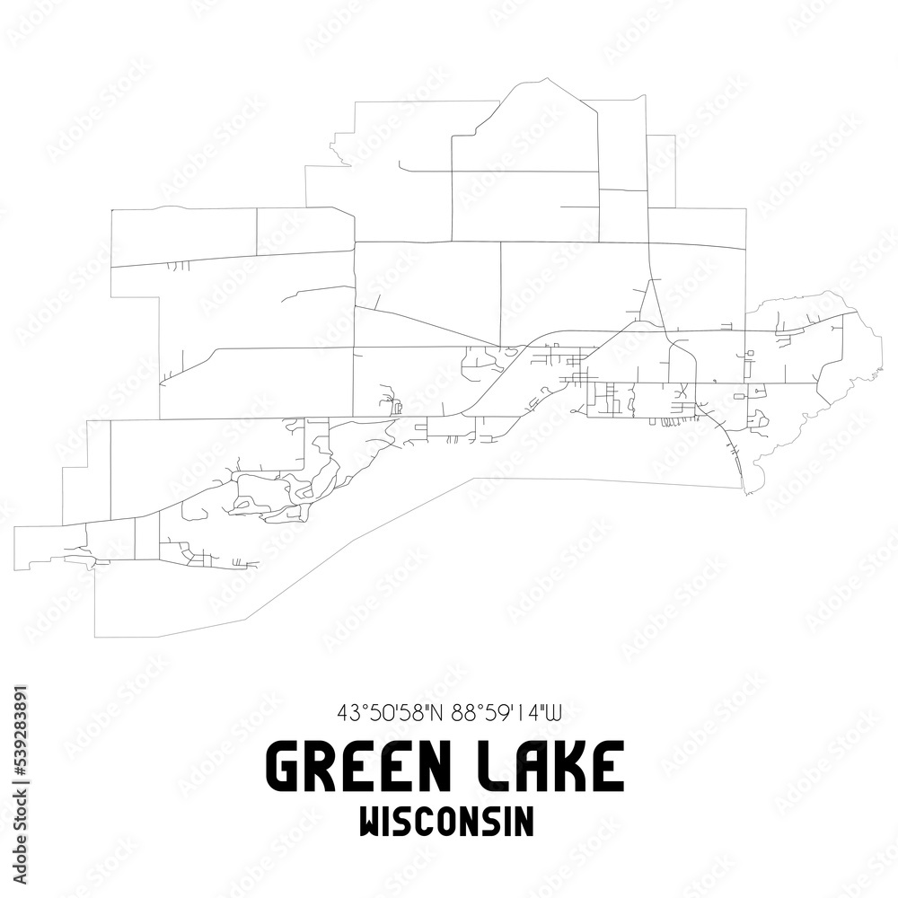 Green Lake Wisconsin. US street map with black and white lines.