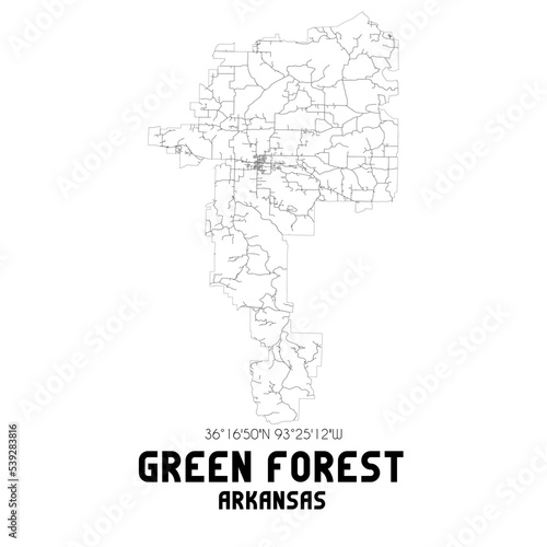Green Forest Arkansas. US street map with black and white lines.