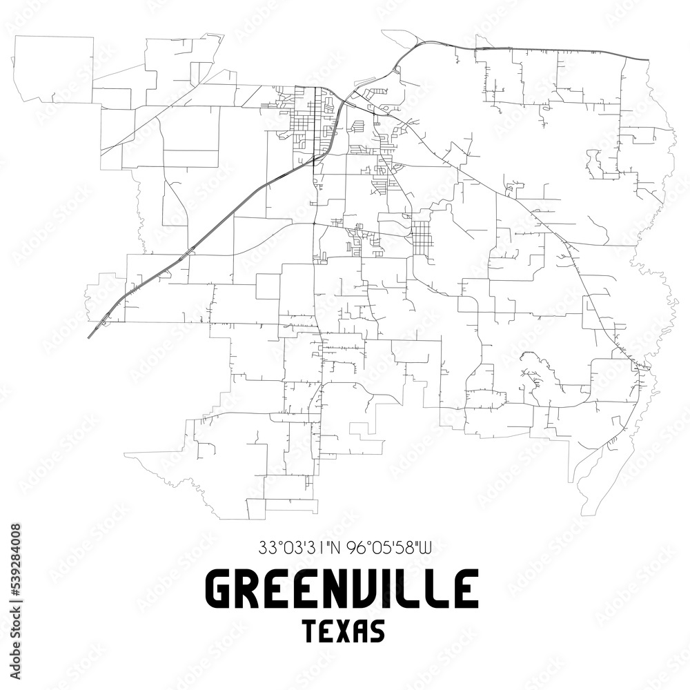 Greenville Texas. US street map with black and white lines.