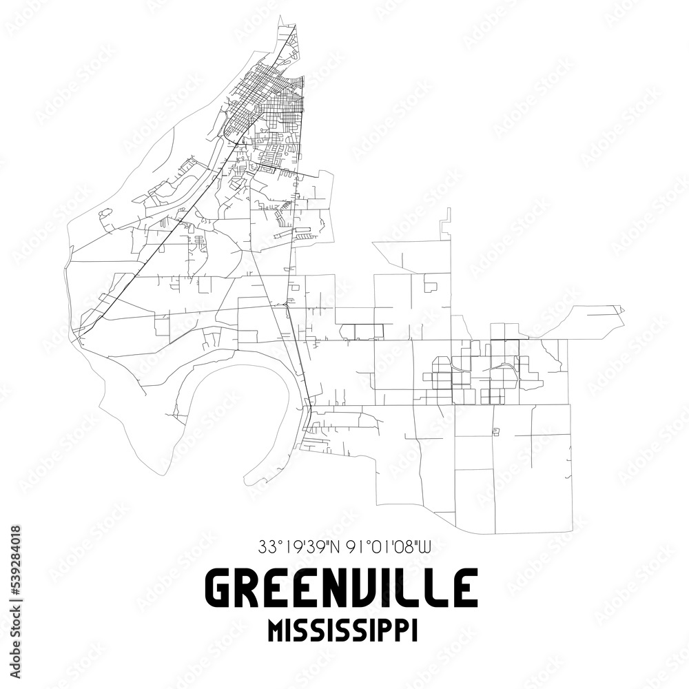 Greenville Mississippi. US street map with black and white lines.