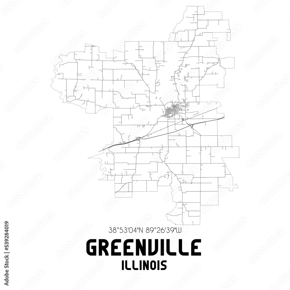 Greenville Illinois. US street map with black and white lines. Greenville Illinois. US street map with black and white lines.