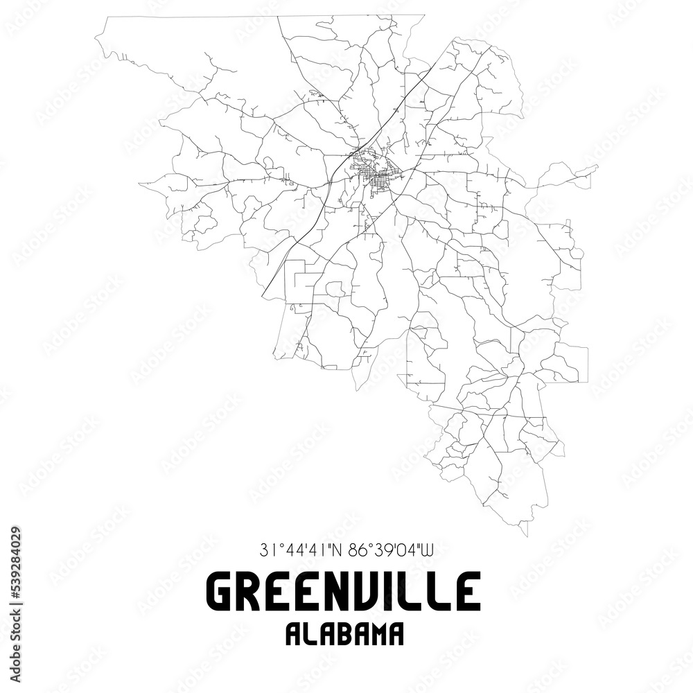 Greenville Alabama. US street map with black and white lines.