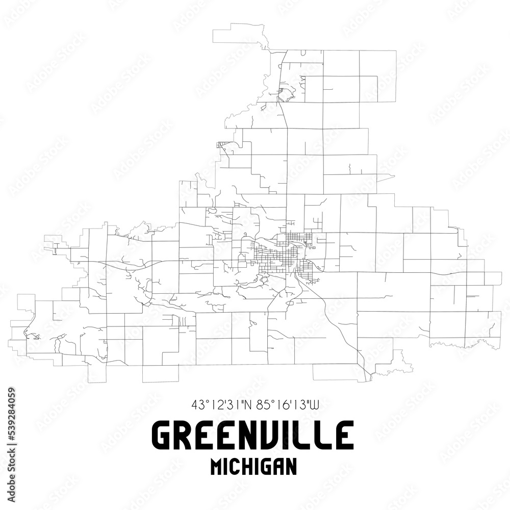 Greenville Michigan. US street map with black and white lines.