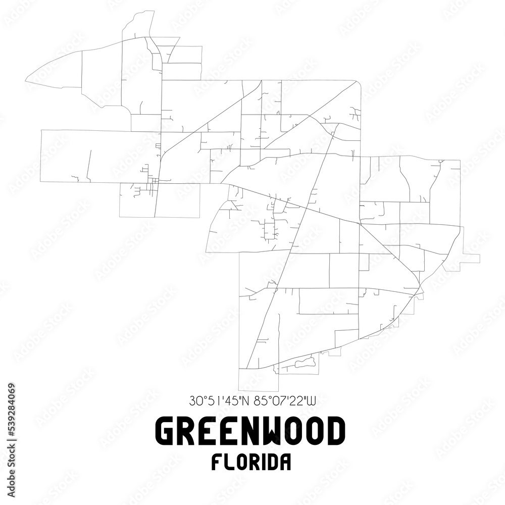 Greenwood Florida. US street map with black and white lines.