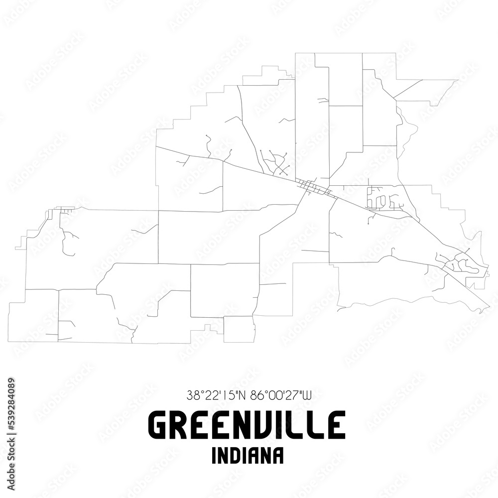 Greenville Indiana. US street map with black and white lines.