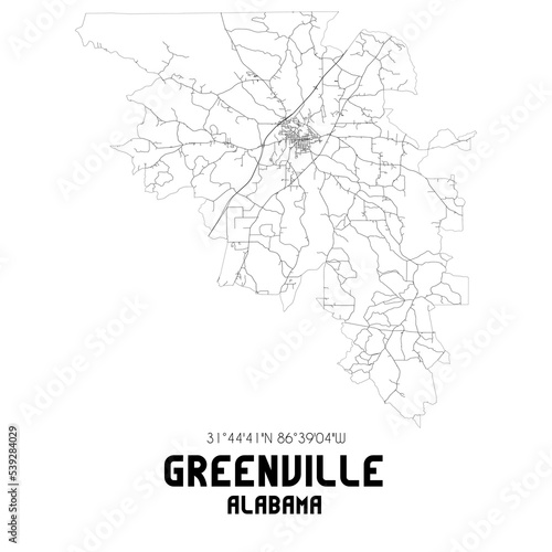 Greenville Alabama. US street map with black and white lines.