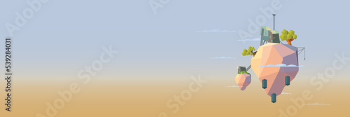 Cartoon low polygonal flying fantasy island with small hut and green trees against the sky background with copy space, vector banner