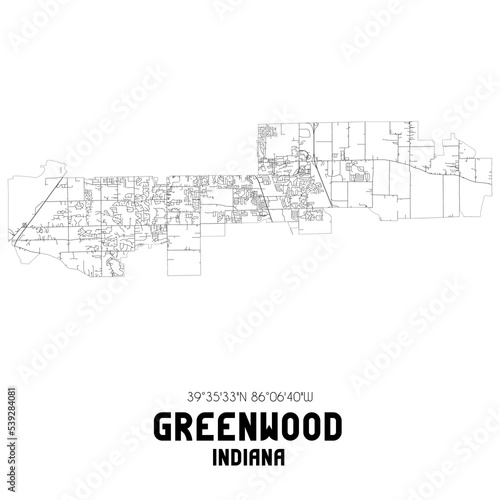 Greenwood Indiana. US street map with black and white lines.