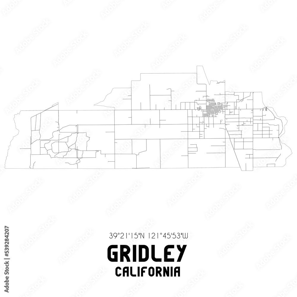 Gridley California. US street map with black and white lines.