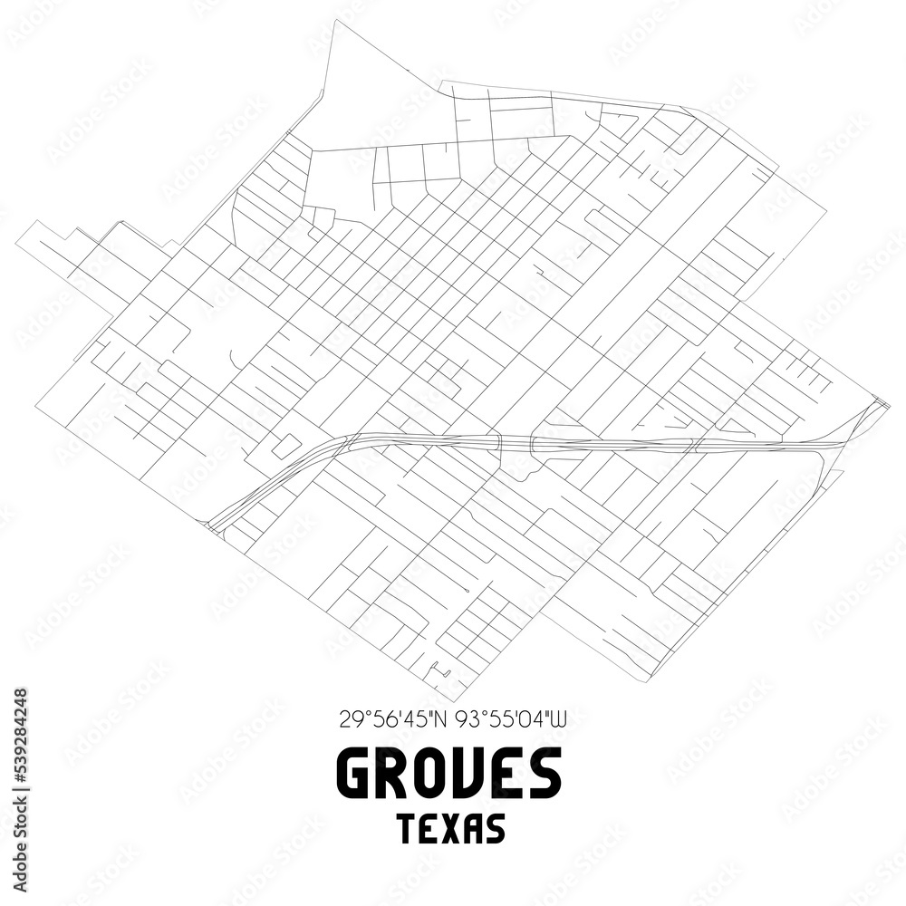 Groves Texas. US street map with black and white lines.