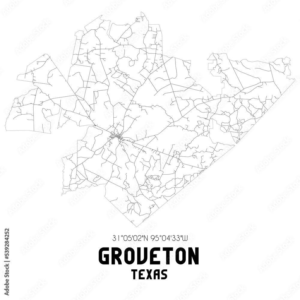 Groveton Texas. US street map with black and white lines.