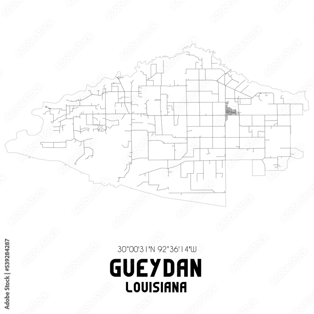 Gueydan Louisiana. US street map with black and white lines.
