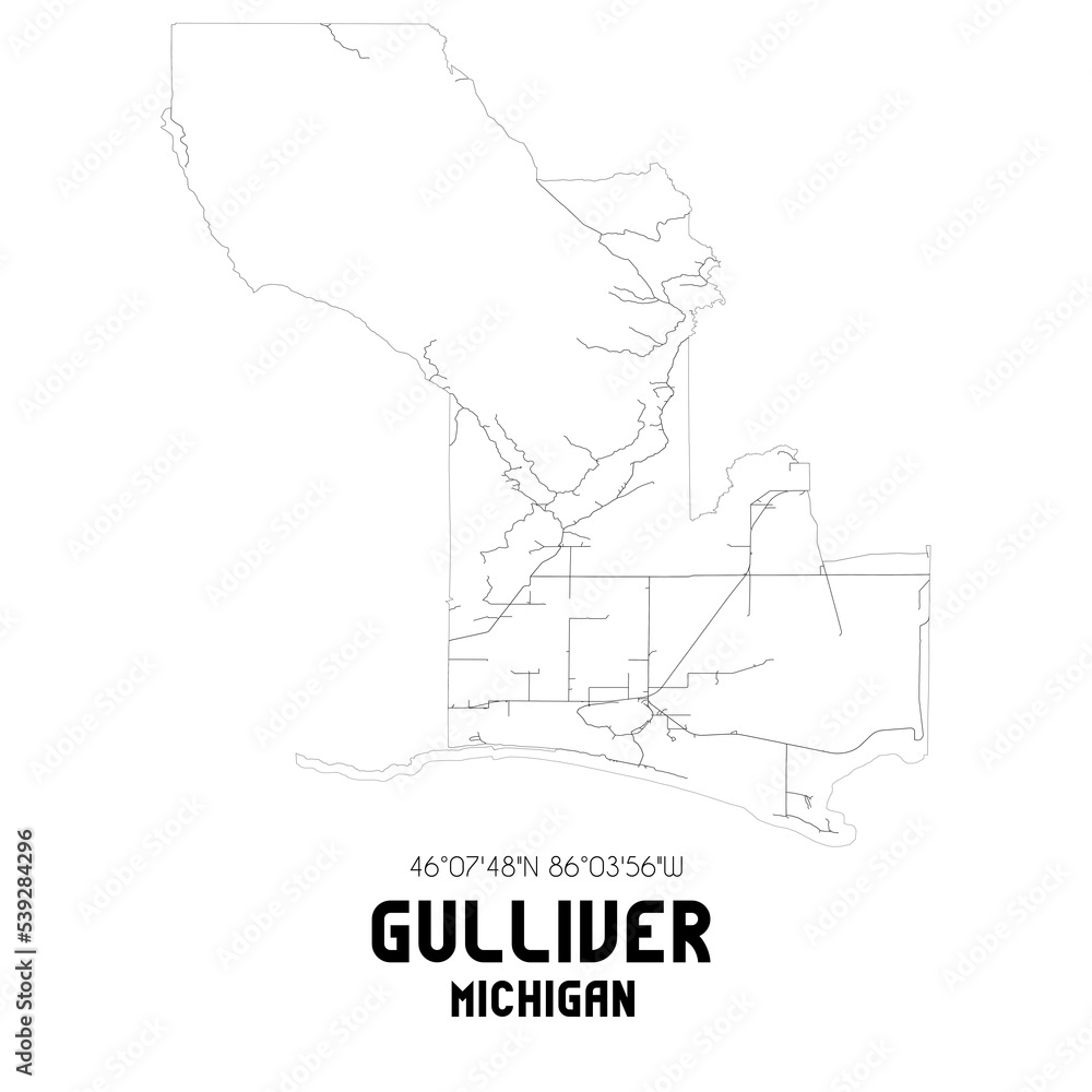 Gulliver Michigan. US street map with black and white lines. Stock