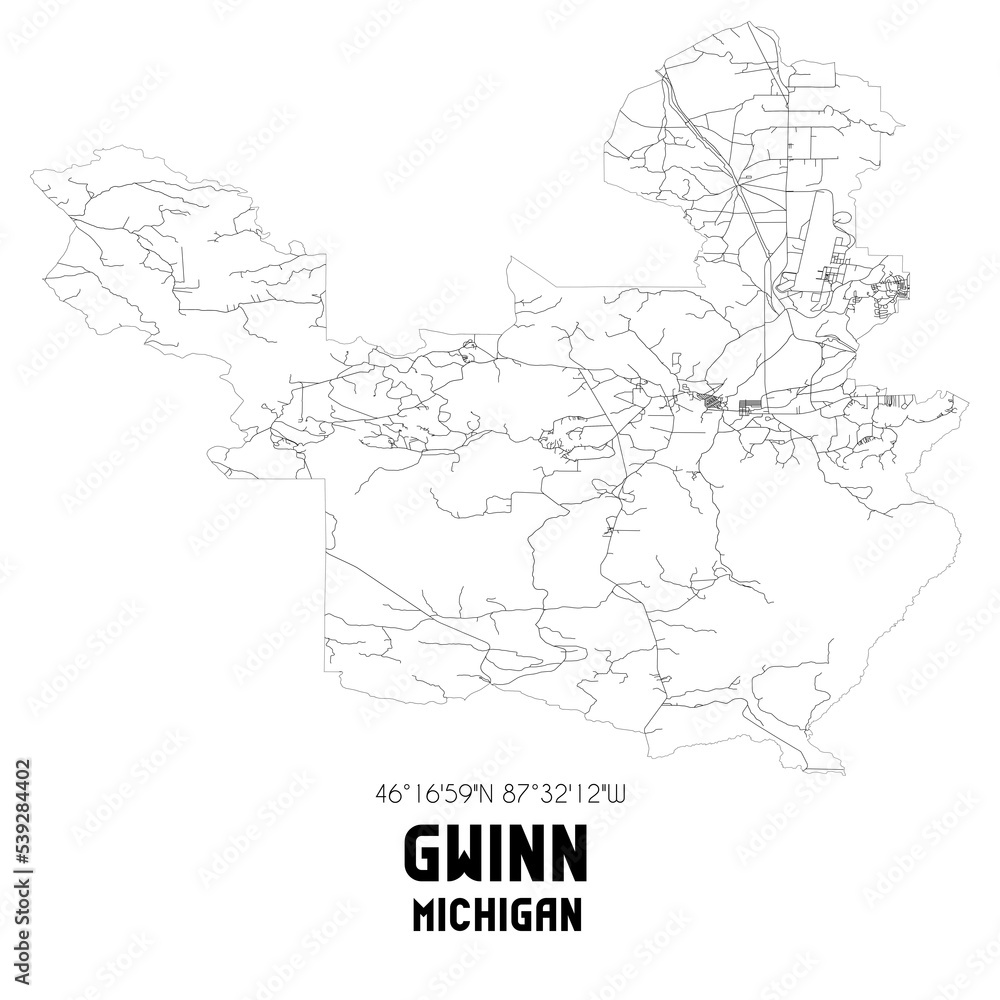 Fototapeta premium Gwinn Michigan. US street map with black and white lines.