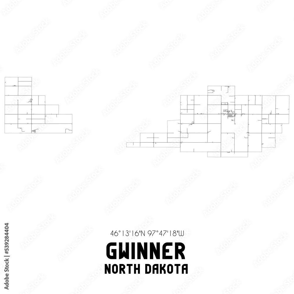 Gwinner North Dakota. US street map with black and white lines.