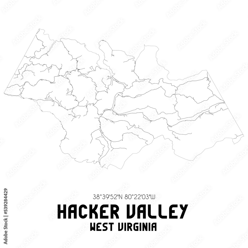 Hacker Valley West Virginia. US street map with black and white lines.