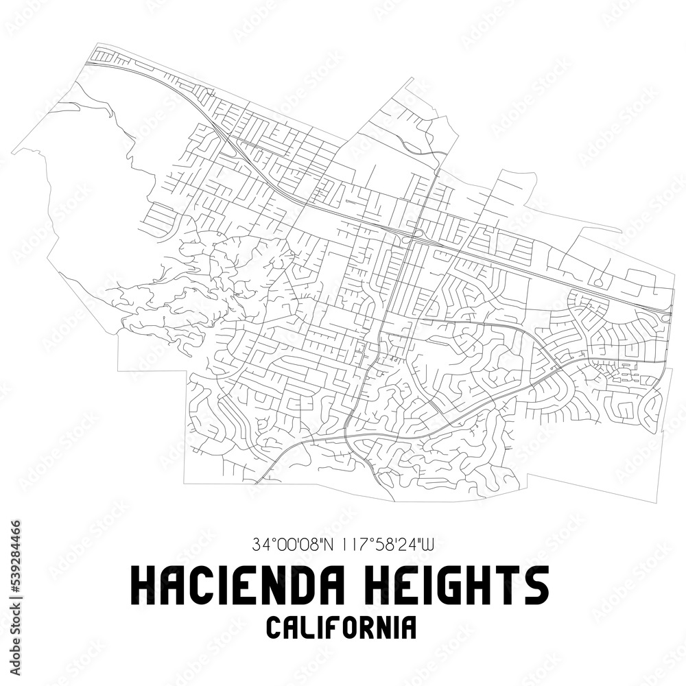 Hacienda Heights California. US street map with black and white lines.