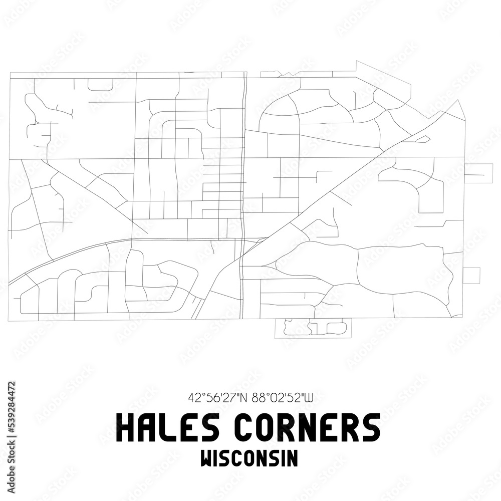 Hales Corners Wisconsin. US street map with black and white lines.